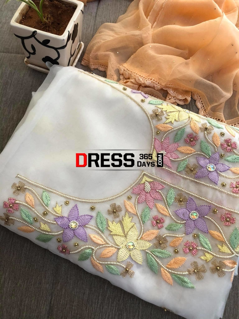 Organza White Multicolour Chikankari Suit With Beads Suits