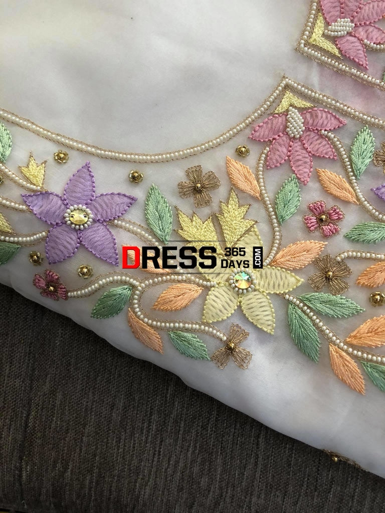 Organza White Multicolour Chikankari Suit With Beads Suits