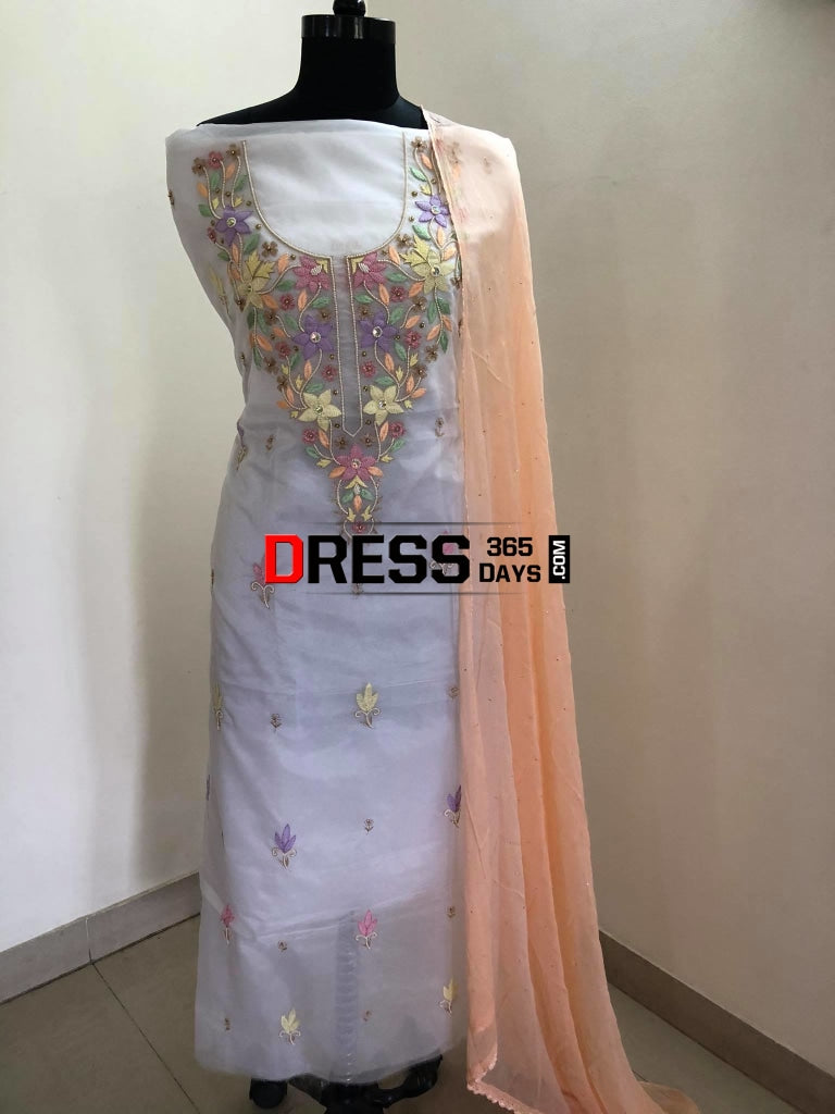 Organza White Multicolour Chikankari Suit With Beads Suits