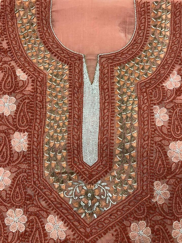 Cotton Chikankari  Kurti Fabric with Beads and Aari Work - Dress365days