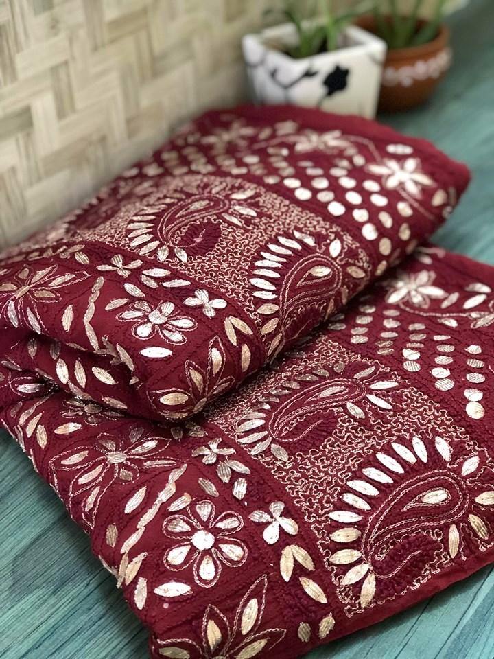 Dusty Maroon Gota Patti Work Chikankari Suit - Dress365days