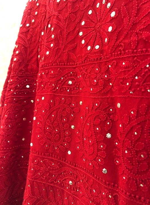 Red Chikankari Kurti Fabric with Mukaish Work