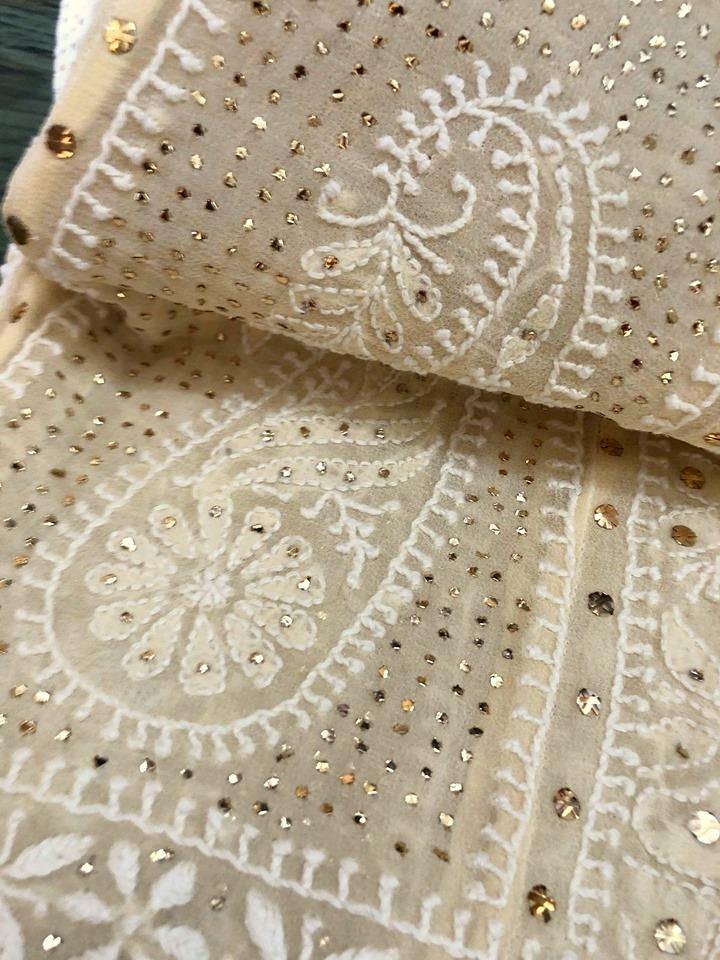 Beige Chikankari Anarkali Suit With Golden Mukaish (Anarkali And Dupatta) - Dress365days