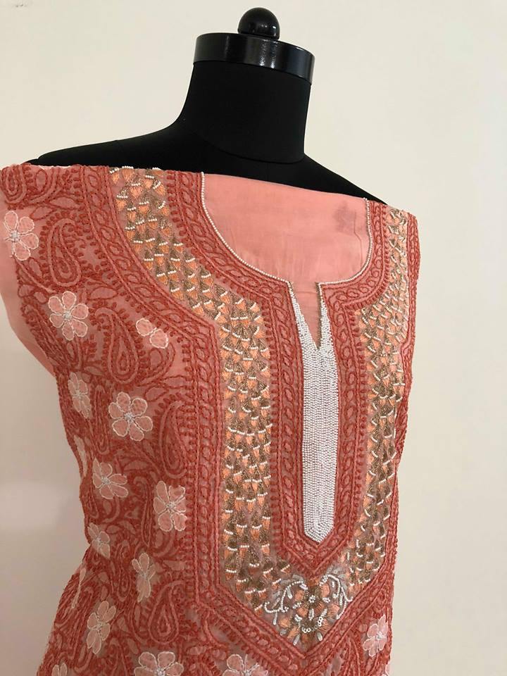 Cotton Chikankari  Kurti Fabric with Beads and Aari Work - Dress365days