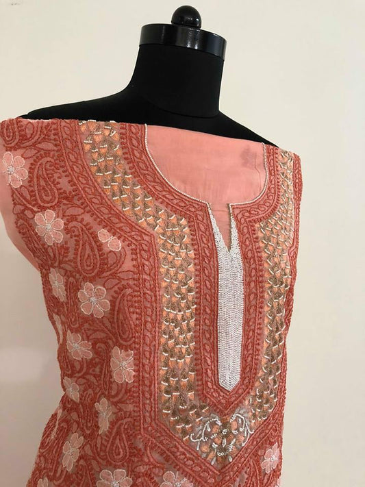 Cotton Chikankari  Kurti Fabric with Beads and Aari Work - Dress365days
