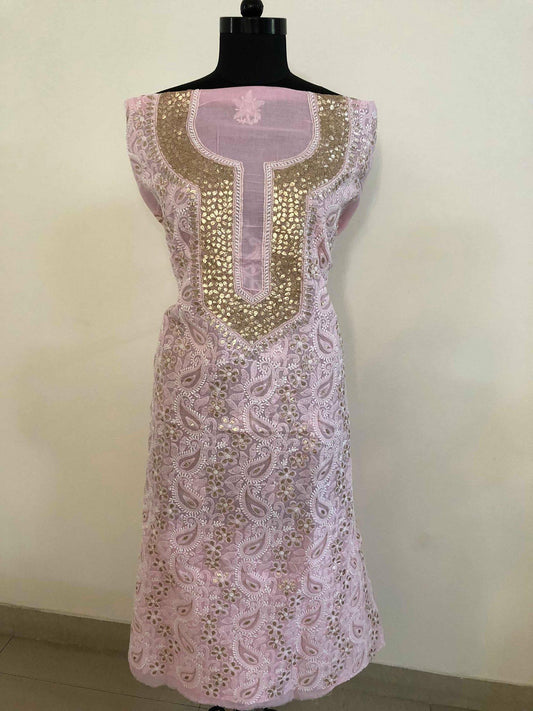 Baby Pink Lucknowi Chikankari Kurta with Gota Patti Neckline (Only Kurta) - Dress365days