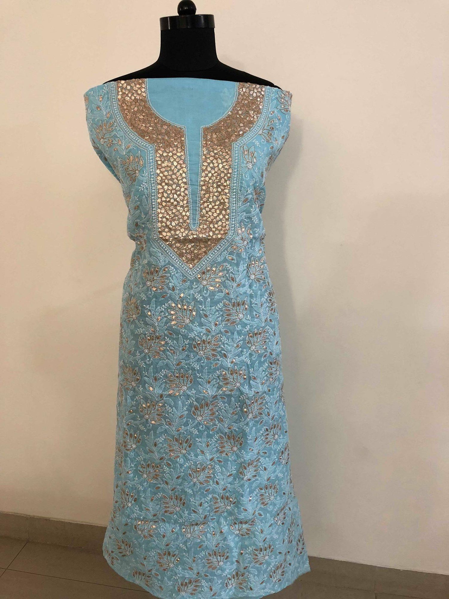 Blue Lucknowi Chikankari Kurta with Gota Patti Neckline (Only Kurta) - Dress365days