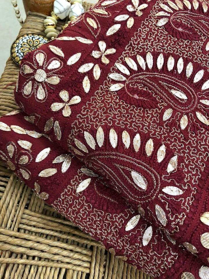 Dusty Maroon Gota Patti Work Chikankari Suit - Dress365days