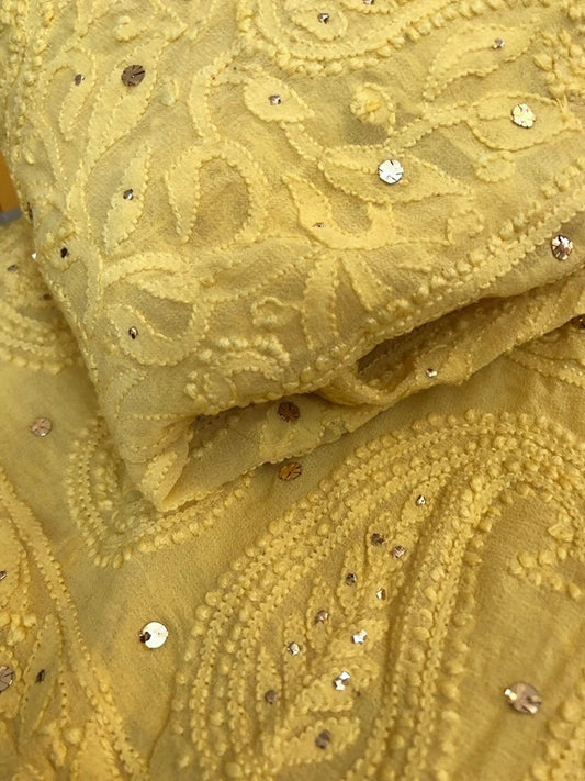 Yellow Lucknow Chikankari Mukaish Lehenga Set