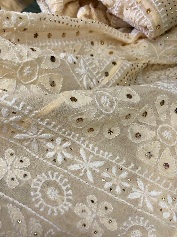 Beige Chikankari Anarkali Suit With Golden Mukaish (Anarkali And Dupatta) - Dress365days