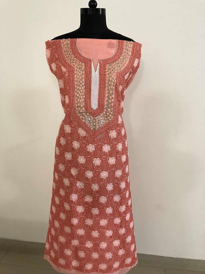 Cotton Chikankari  Kurti Fabric with Beads and Aari Work - Dress365days