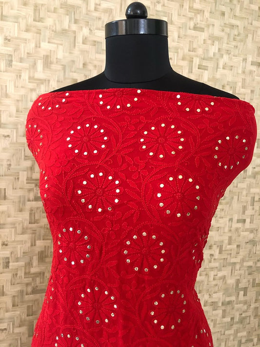 Red Chikankari Kurti Fabric with Mukaish Work