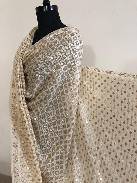 Beige Lucknowi Chikankari Dupatta with Heavy Gota Patti Work - Dress365days