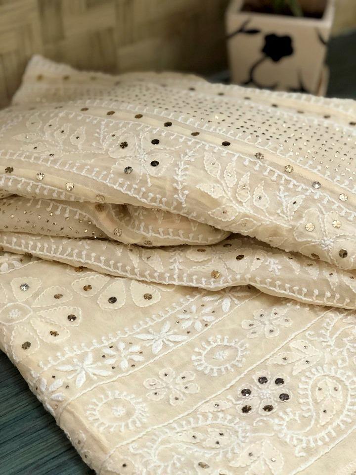 Beige Chikankari Anarkali Suit With Golden Mukaish (Anarkali And Dupatta) - Dress365days