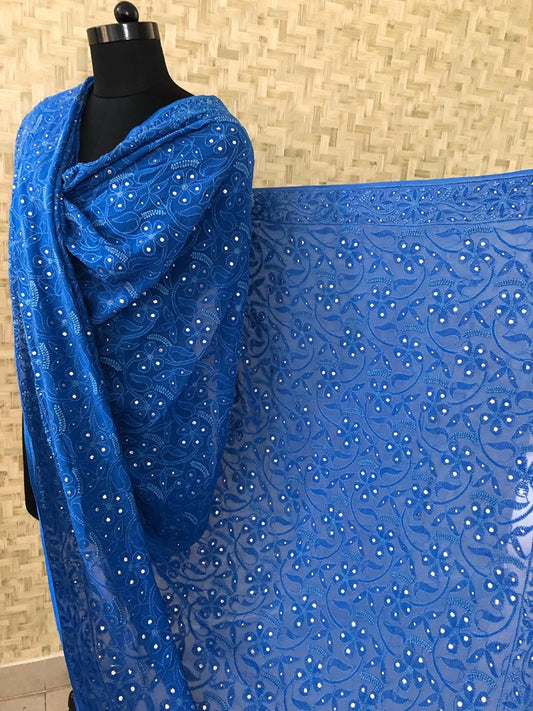 Royal Blue Chikankari Dupatta with Golden Mukaish