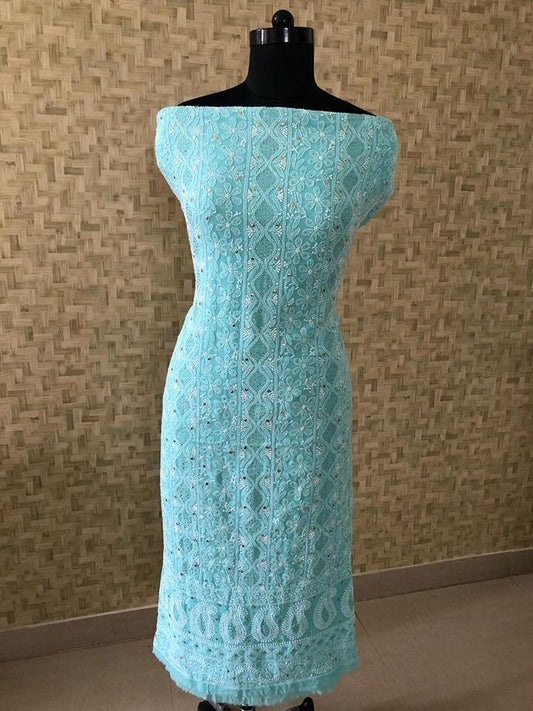 Aqua Green Mukaish Lucknowi Chikan Suit - Dress365days