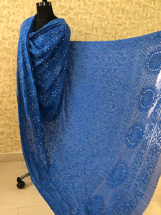 Royal Blue Chikankari Dupatta with Golden Mukaish