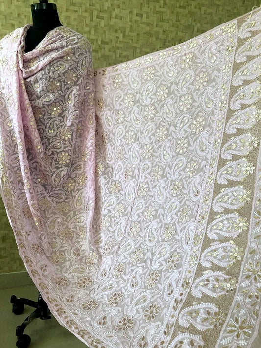 Light Pink Lucknow Chikankari Gota Patti Dupatta