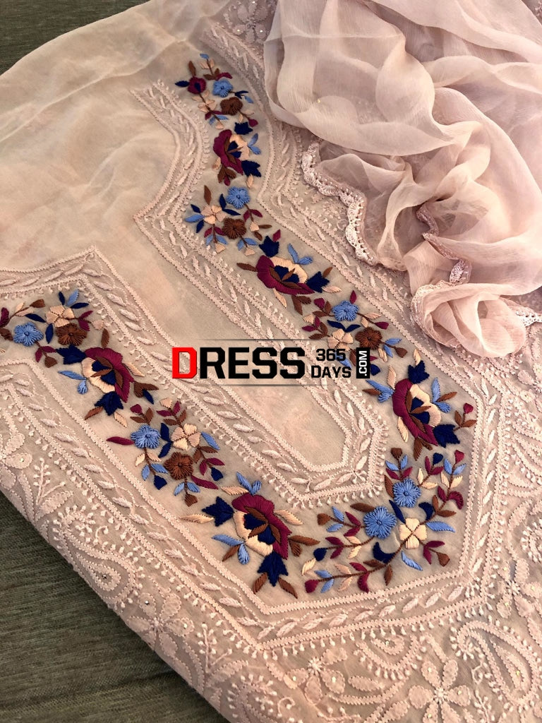 Oyster Pink Parsi Gara & Chikankari Suit Suits