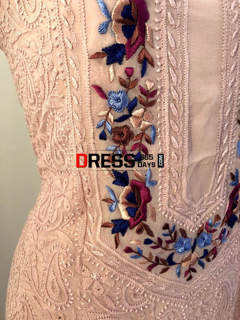 Oyster Pink Parsi Gara & Chikankari Suit Suits