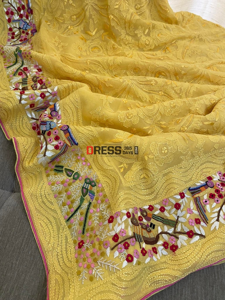 Parsi Gara & Chikankari Hand Embroidered Saree