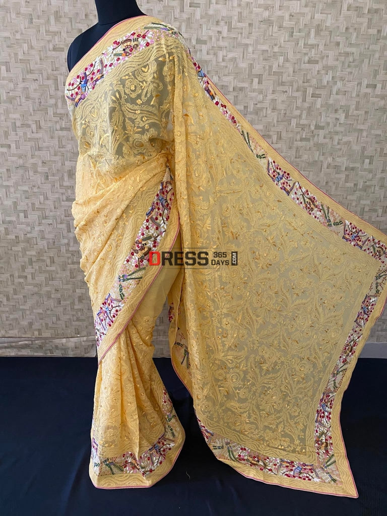 Parsi Gara & Chikankari Hand Embroidered Saree