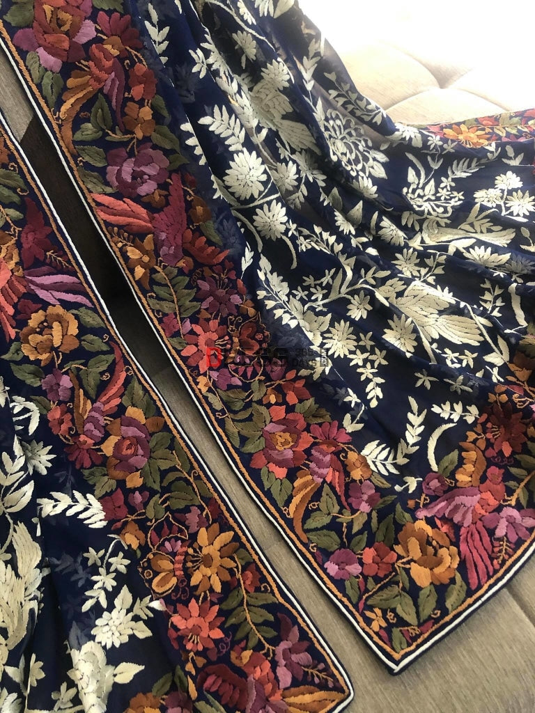Parsi Gara Dupatta With Ivory & Multicolour Embroidery