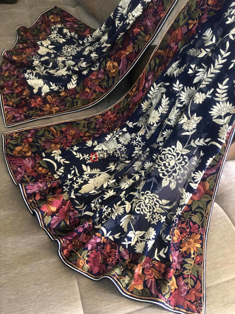 Parsi Gara Dupatta With Ivory & Multicolour Embroidery