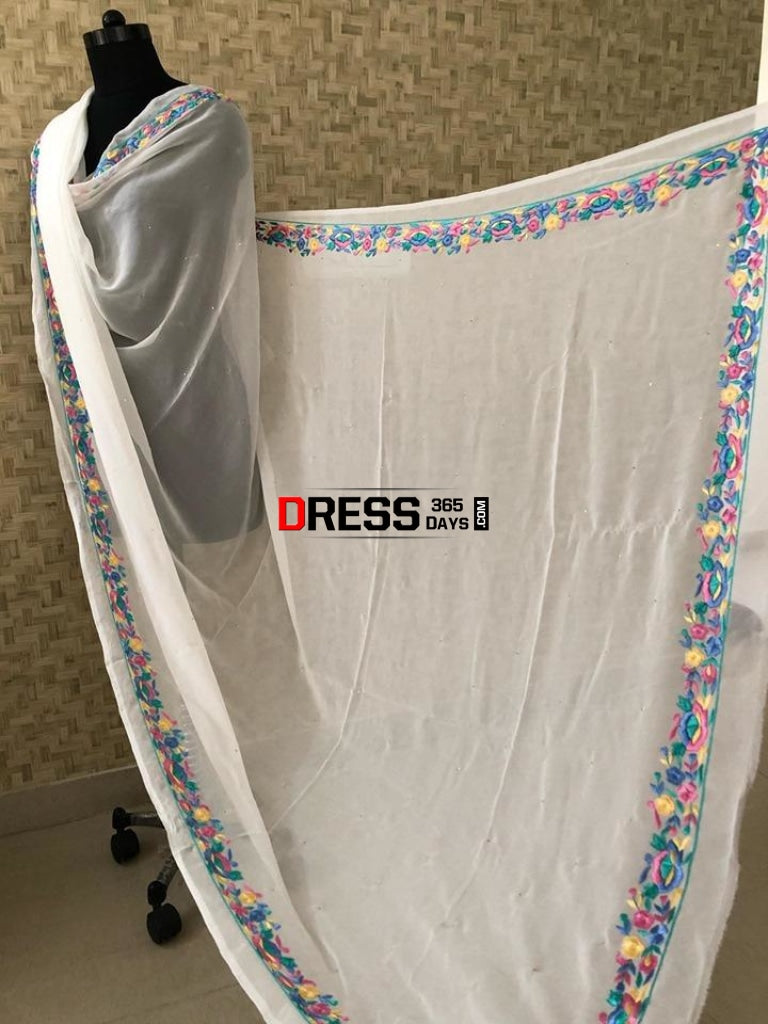 Parsi Gara Embroidery Dupatta With Golden Mukaish Chikankari
