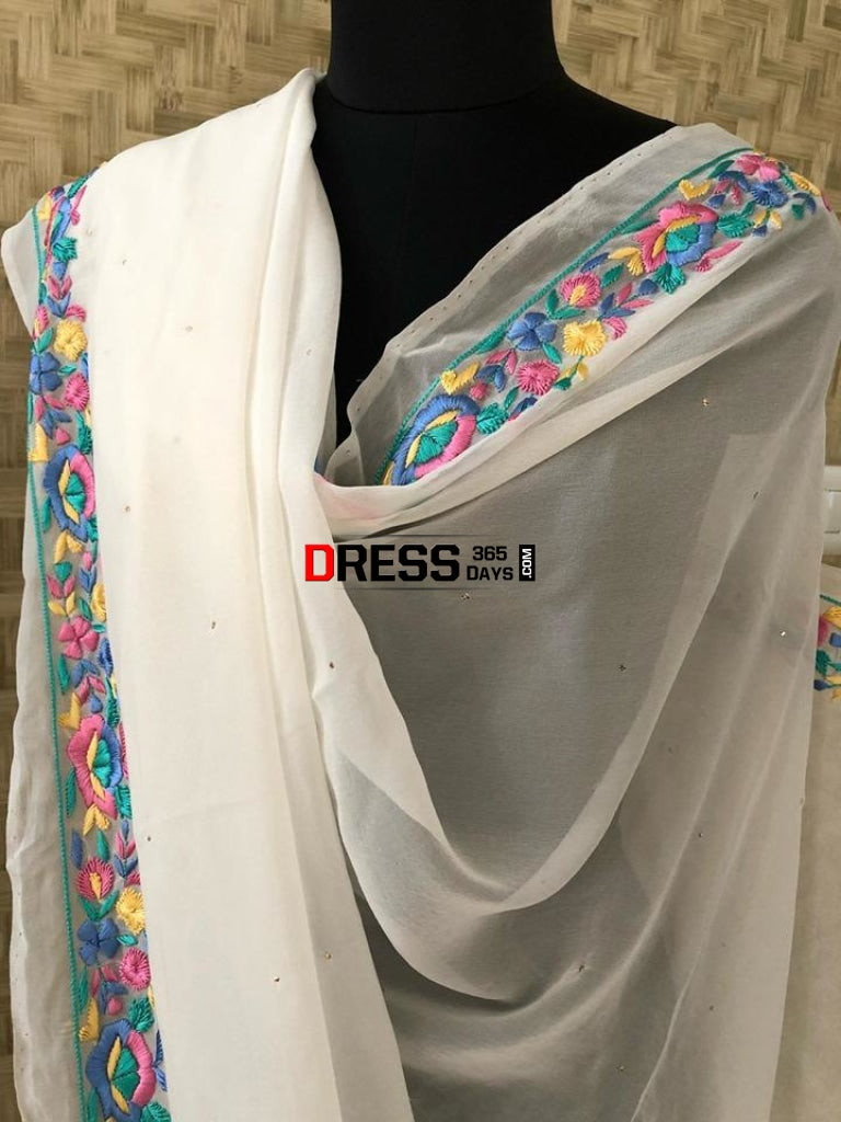 Parsi Gara Embroidery Dupatta With Golden Mukaish Chikankari