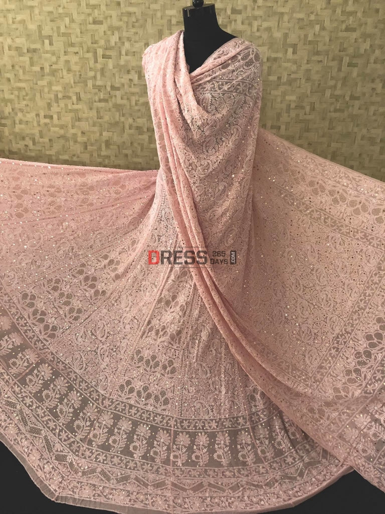 Pastel Pink Kamdani Lucknowi Lehenga Set Chikankari