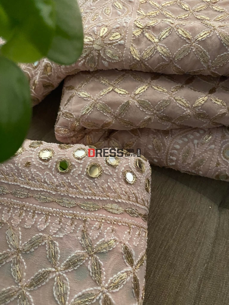 Pastel Pink Lucknowi Mirror & Gota Patti Lehenga Set Chikankari