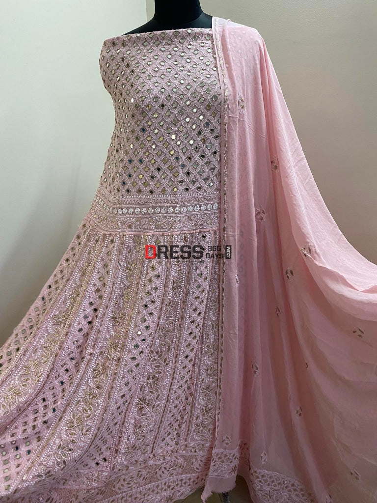 Pastel Pink Mirror & Gota Patti Chikankari Anarkali Dress