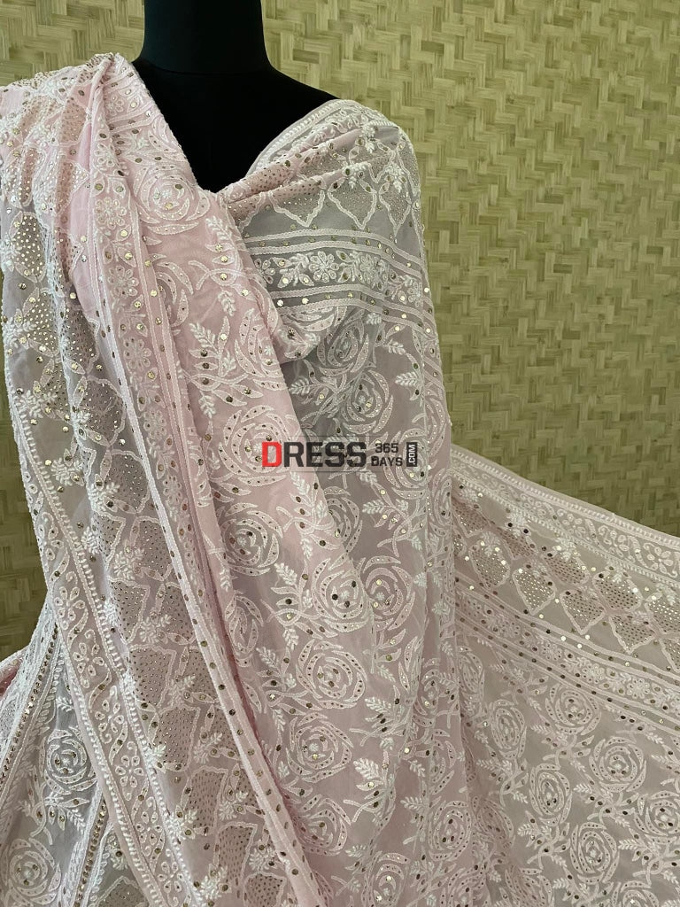 Pastel Pink Mukaish Lucknowi Chikankari Lehenga Set