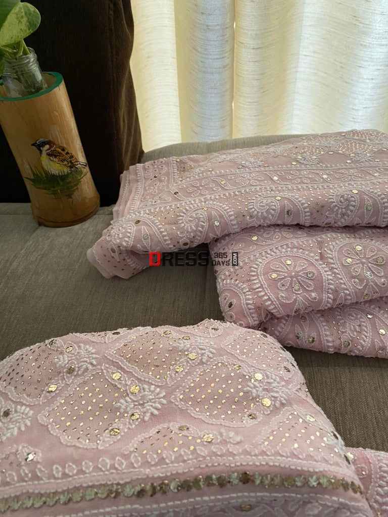 Pastel Pink Mukaish Lucknowi Chikankari Lehenga Set