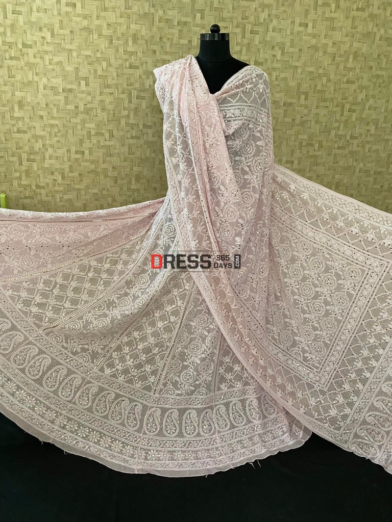 Pastel Pink Mukaish Lucknowi Chikankari Lehenga Set