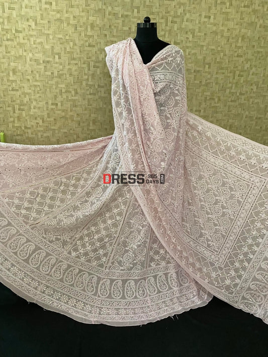 Pastel Pink Mukaish Lucknowi Chikankari Lehenga Set
