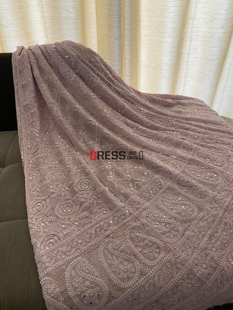 Pastel Pink Mukaish Lucknowi Chikankari Lehenga Set