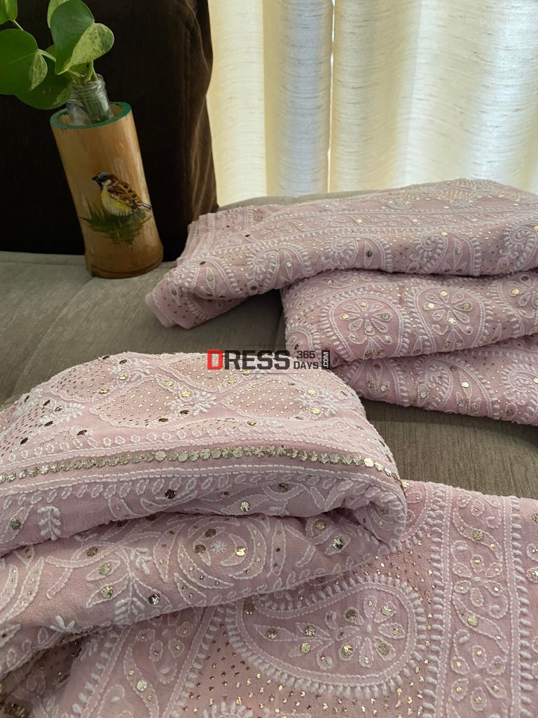 Pastel Pink Mukaish Lucknowi Chikankari Lehenga Set
