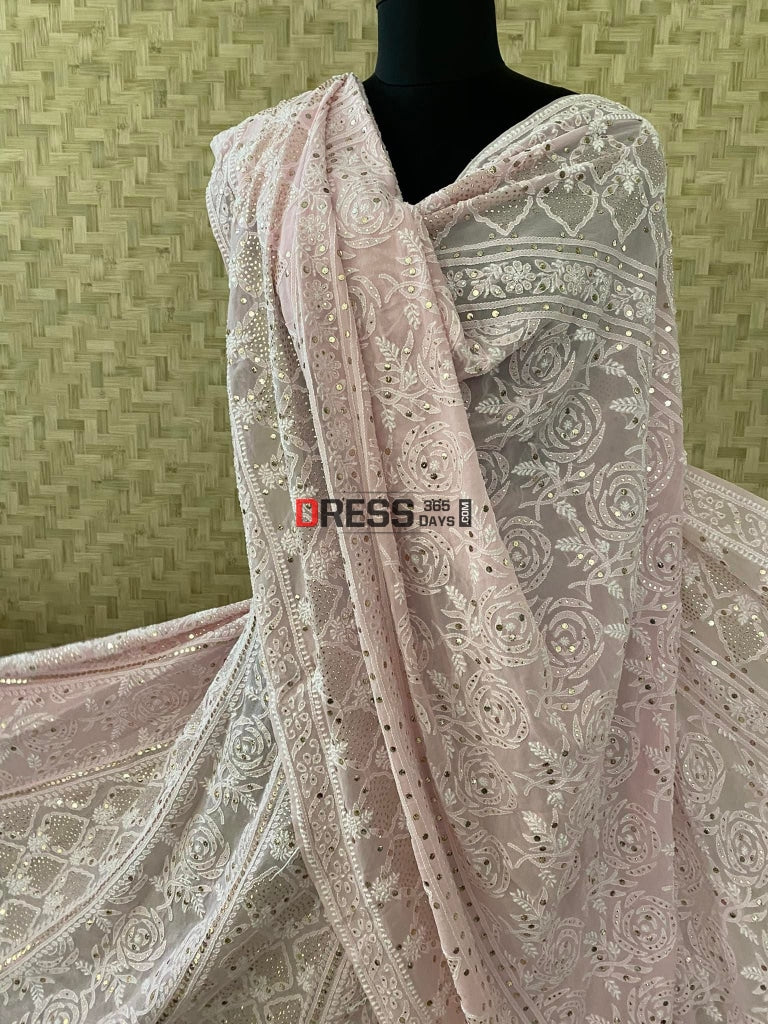 Pastel Pink Mukaish Lucknowi Chikankari Lehenga Set