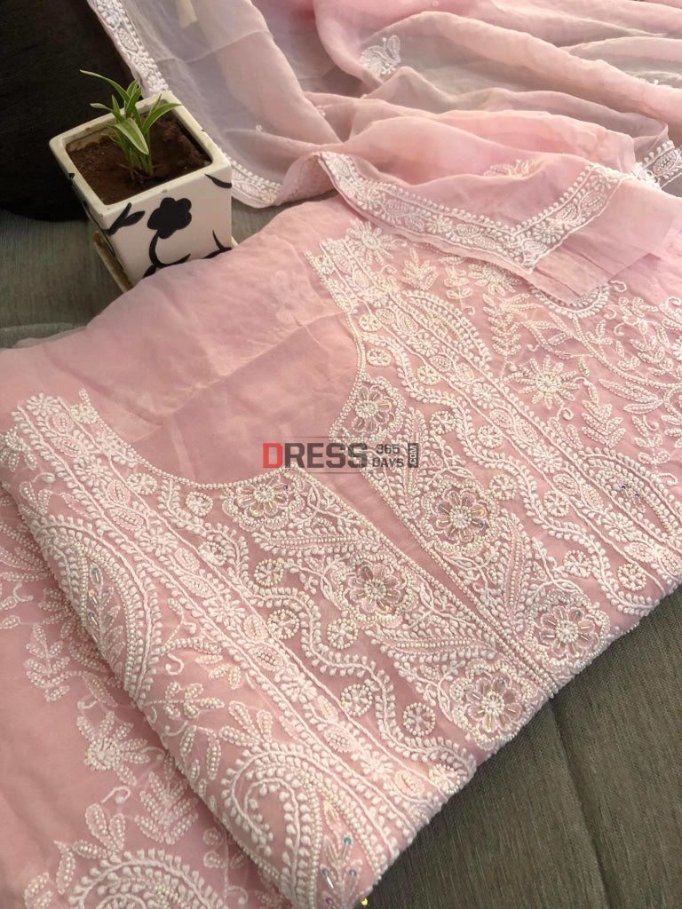 Pastel Pink Pearl Chikankari Suit Suits