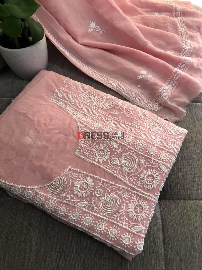 Pastel Pink Pearl Lucknowi Chikankari Suit Suits