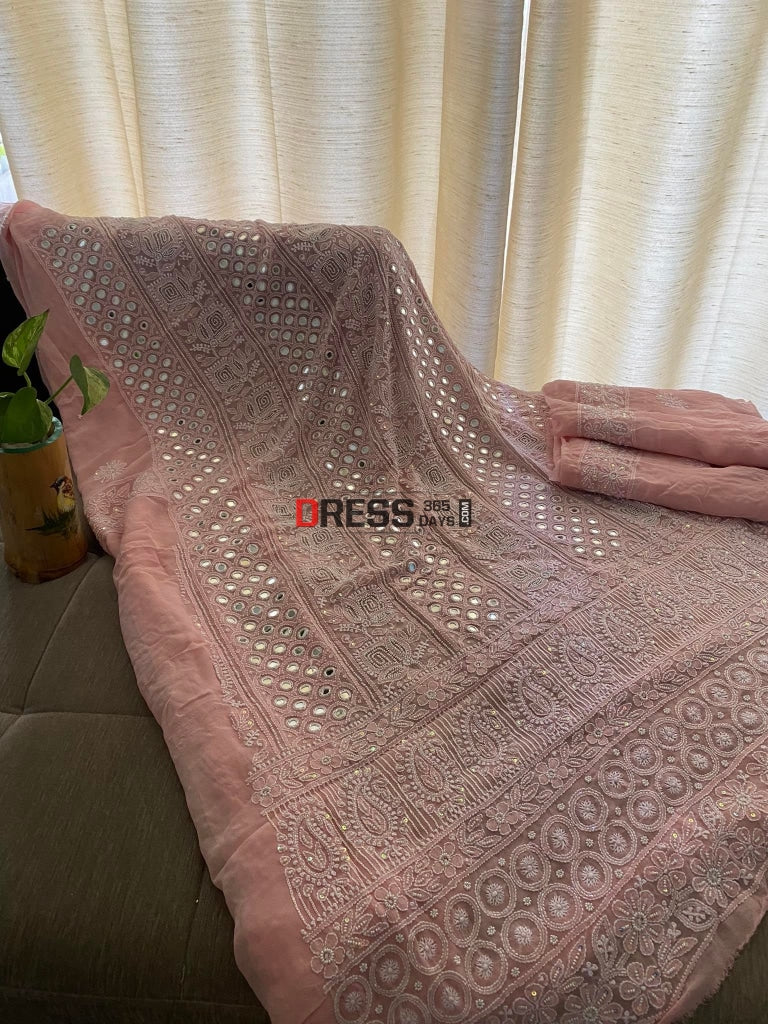 Pastel Pink Pearl & Mirror Lucknowi Chikankari Suit Suits