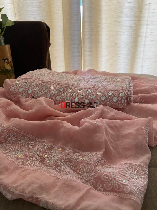 Pastel Pink Pearl & Mirror Lucknowi Chikankari Suit Suits