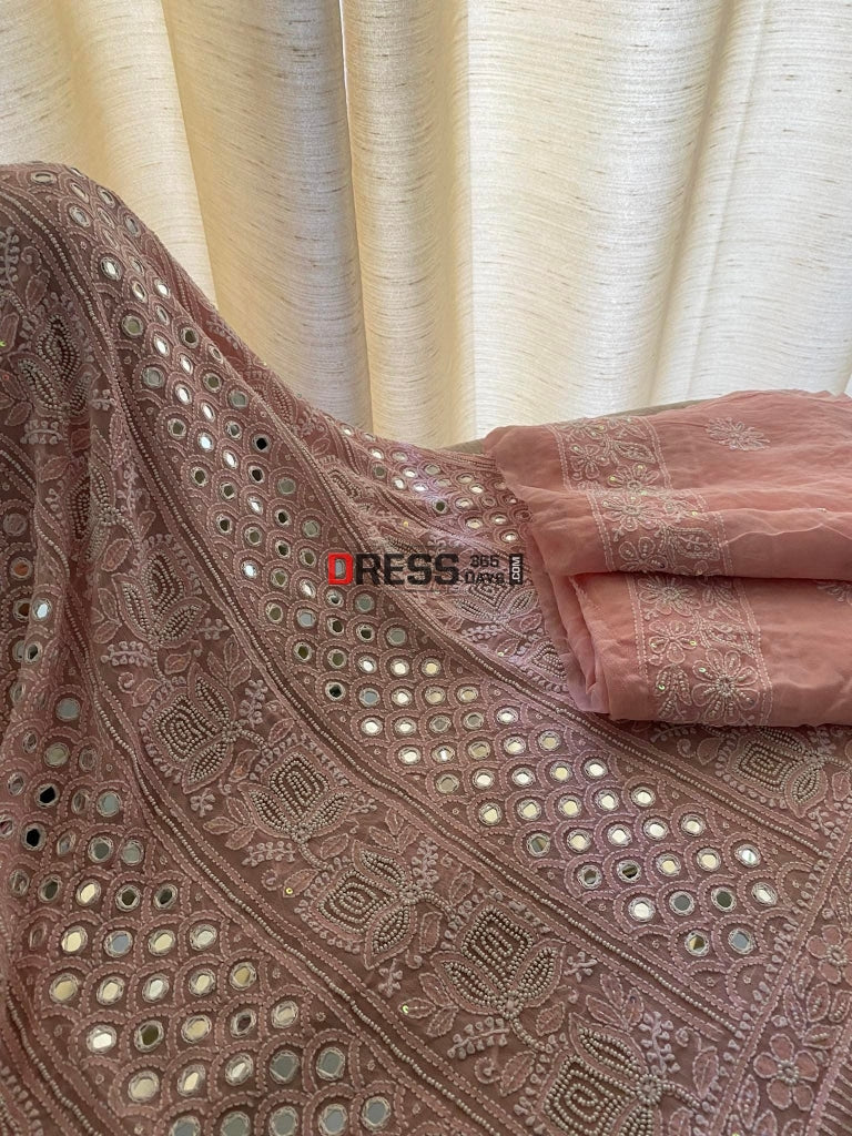 Pastel Pink Pearl & Mirror Lucknowi Chikankari Suit Suits