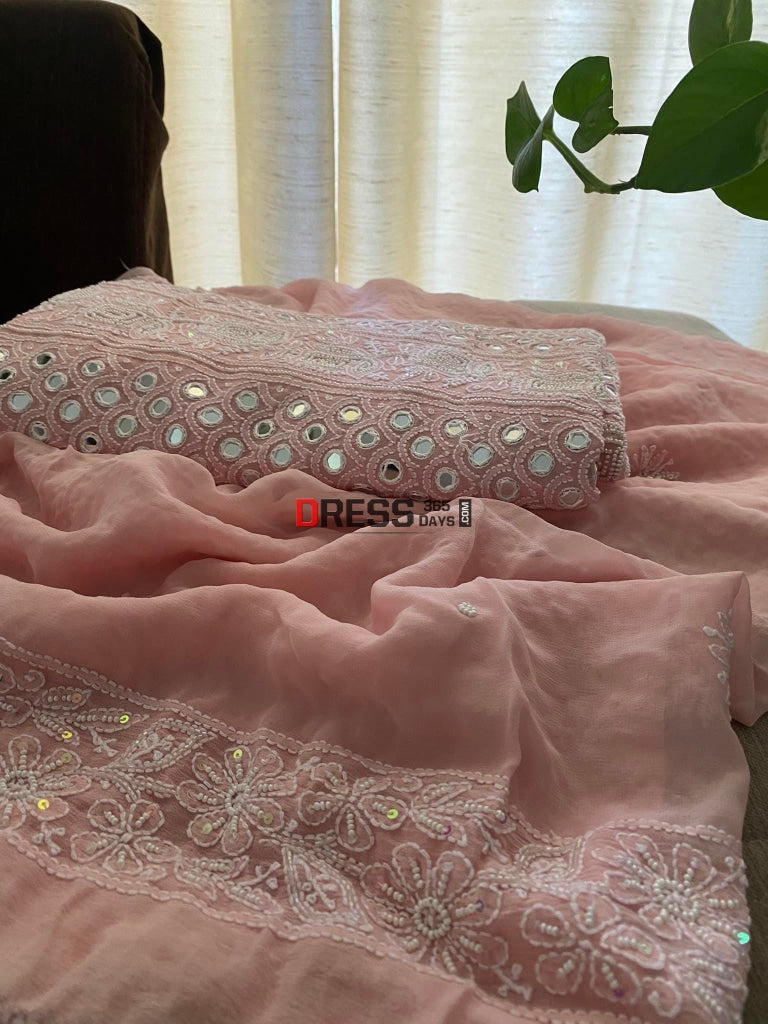 Pastel Pink Pearl & Mirror Lucknowi Chikankari Suit Suits