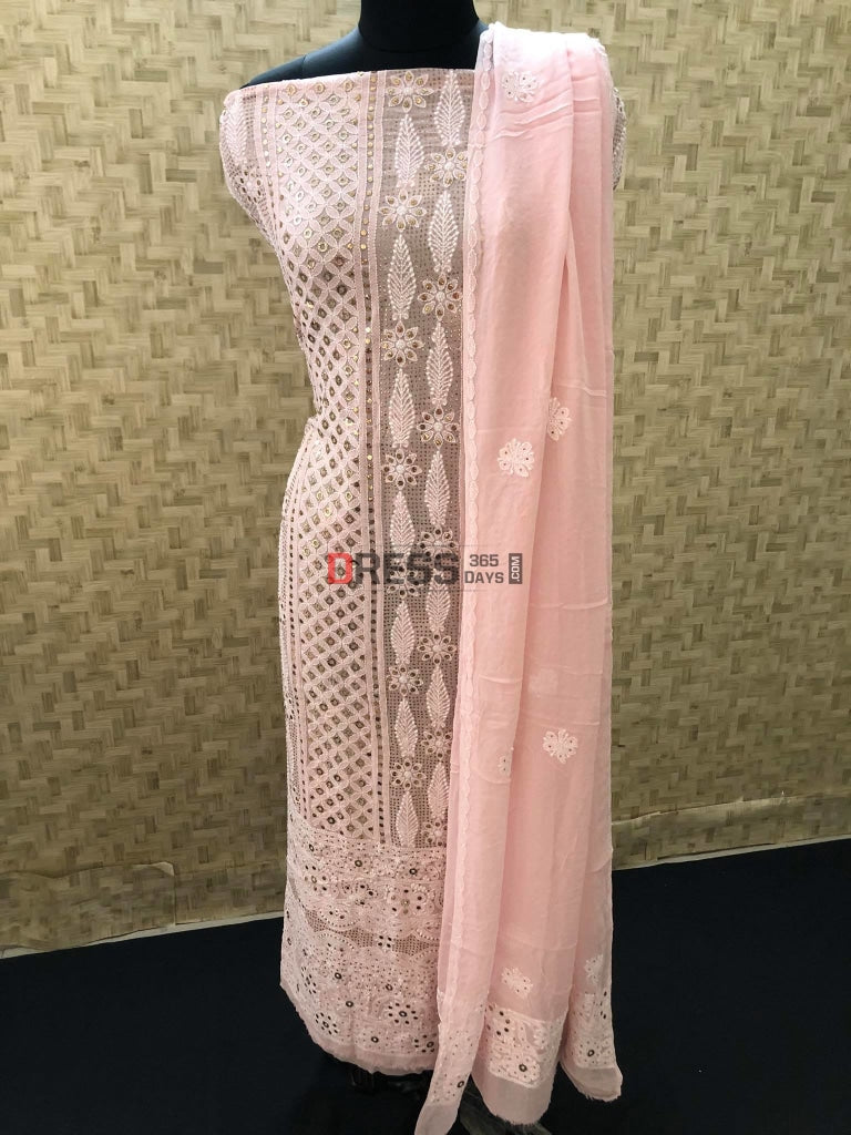 Pastel Pink Ring Mukaish Lucknowi Kurta Dupatta Set Chikankari Suits