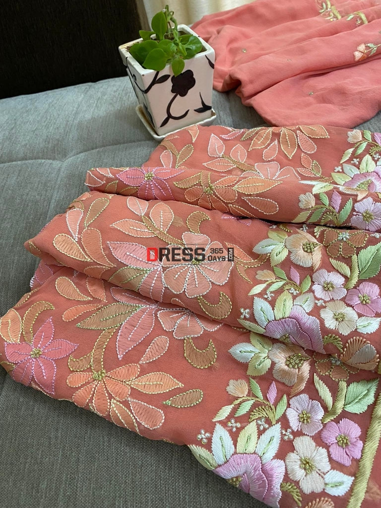 Peach All Over Multicolour Chikankari Parsi Gara Suit Suits