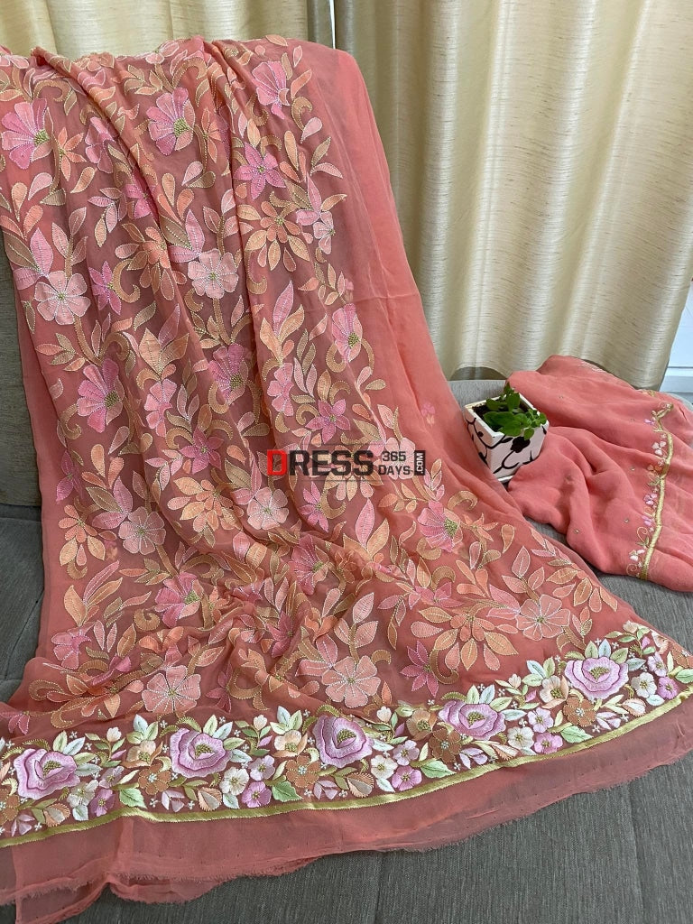 Peach All Over Multicolour Chikankari Parsi Gara Suit Suits