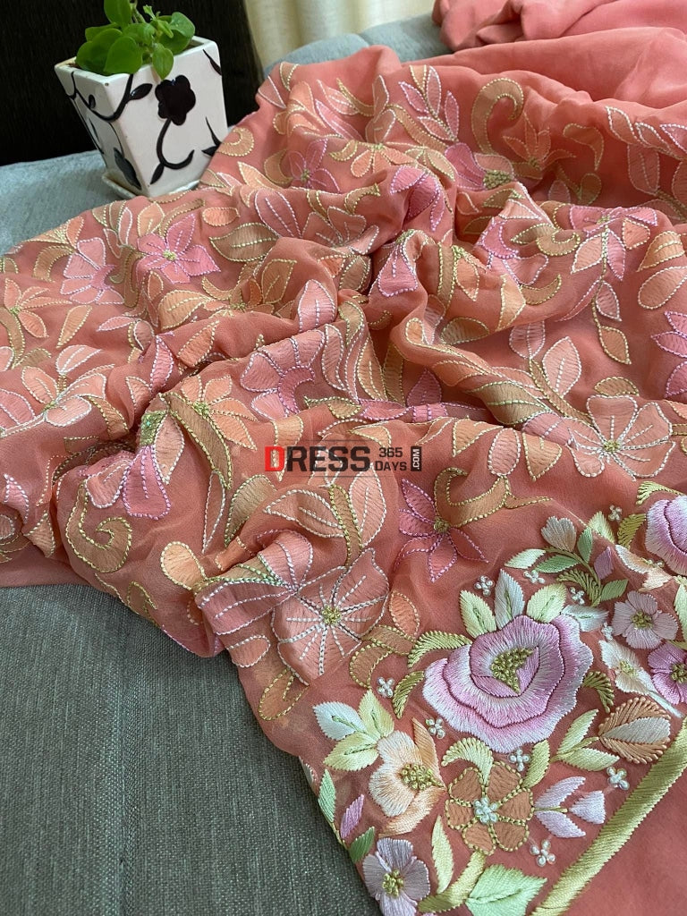Peach All Over Multicolour Chikankari Parsi Gara Suit Suits